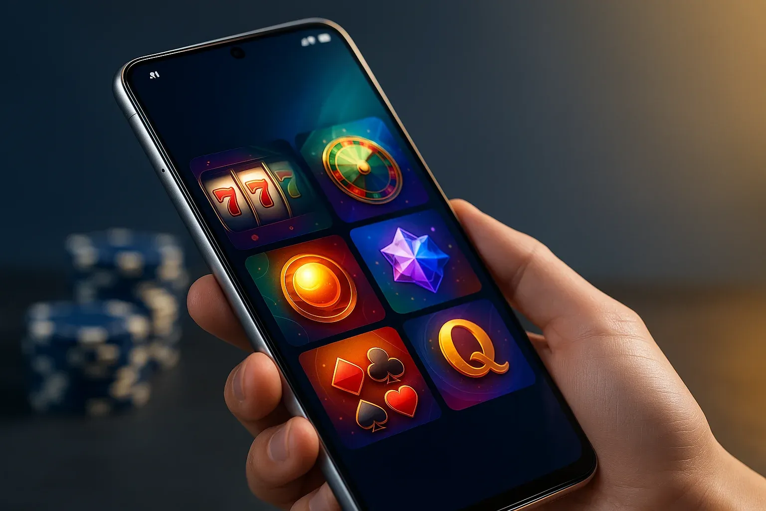 Sleek Android smartphone showing vivid casino app interface with dramatic lighting