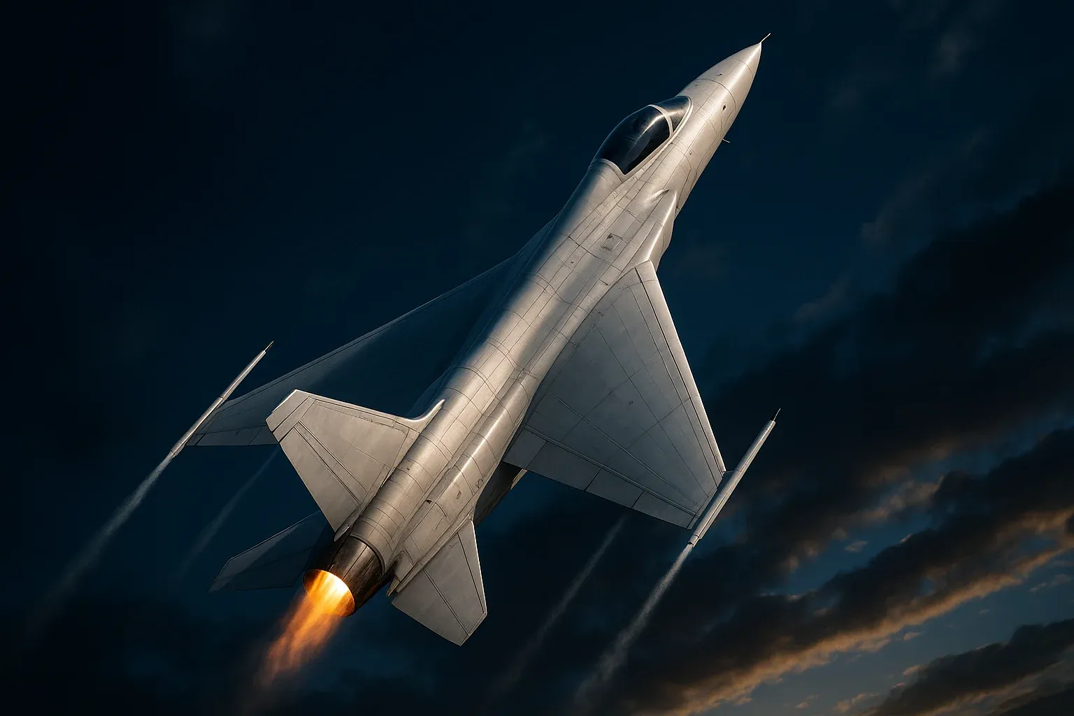 Hyperrealistic white jet climbing steeply in deep blue sky with contrails