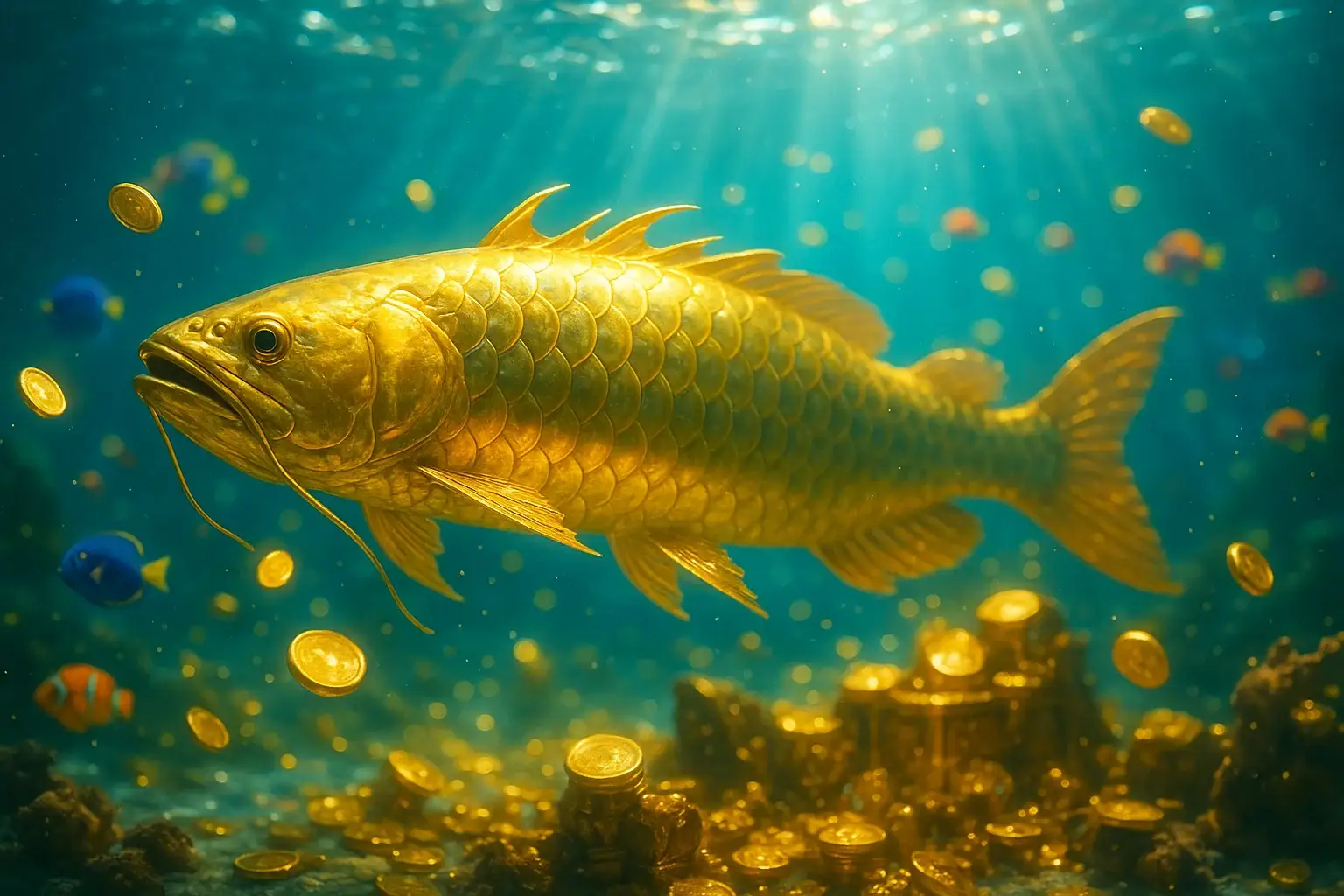 Hyperrealistic underwater golden dragon fish surrounded by glowing coins and treasure