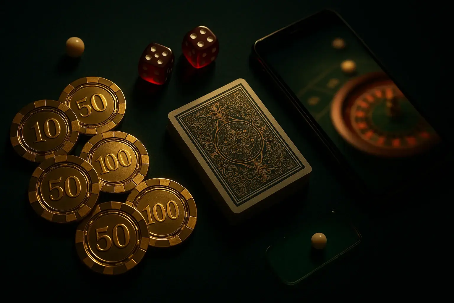 Top-down casino table with gold chips, cards, dice, roulette ball, smartphone
