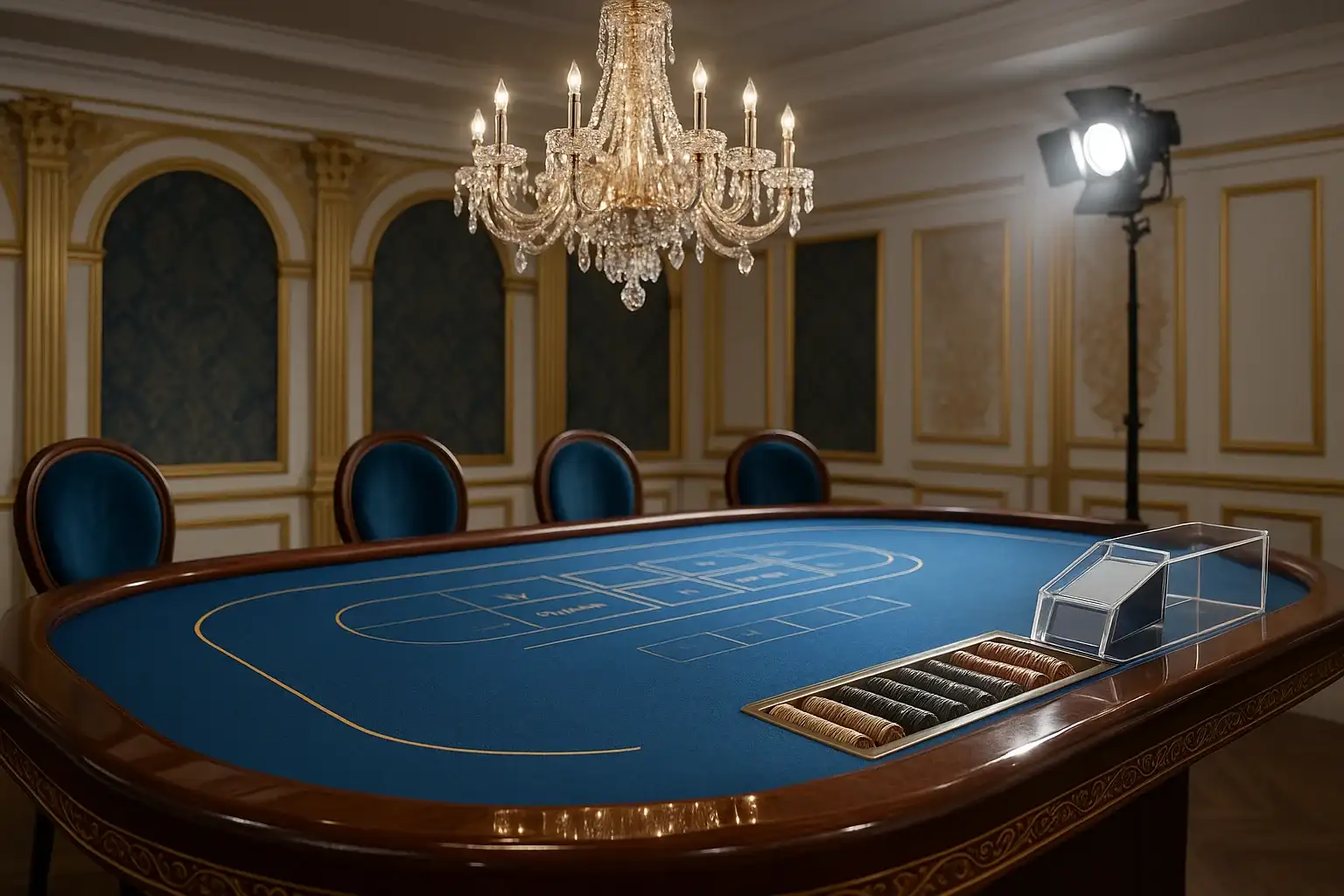 Hyperrealistic wide shot of premium live baccarat studio in the Philippines