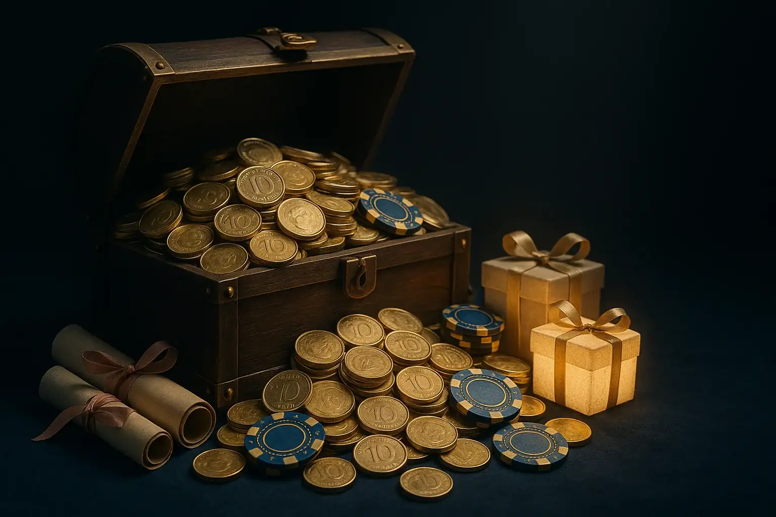 Overflowing treasure chest with gold coins, casino chips, vouchers, and gift boxes