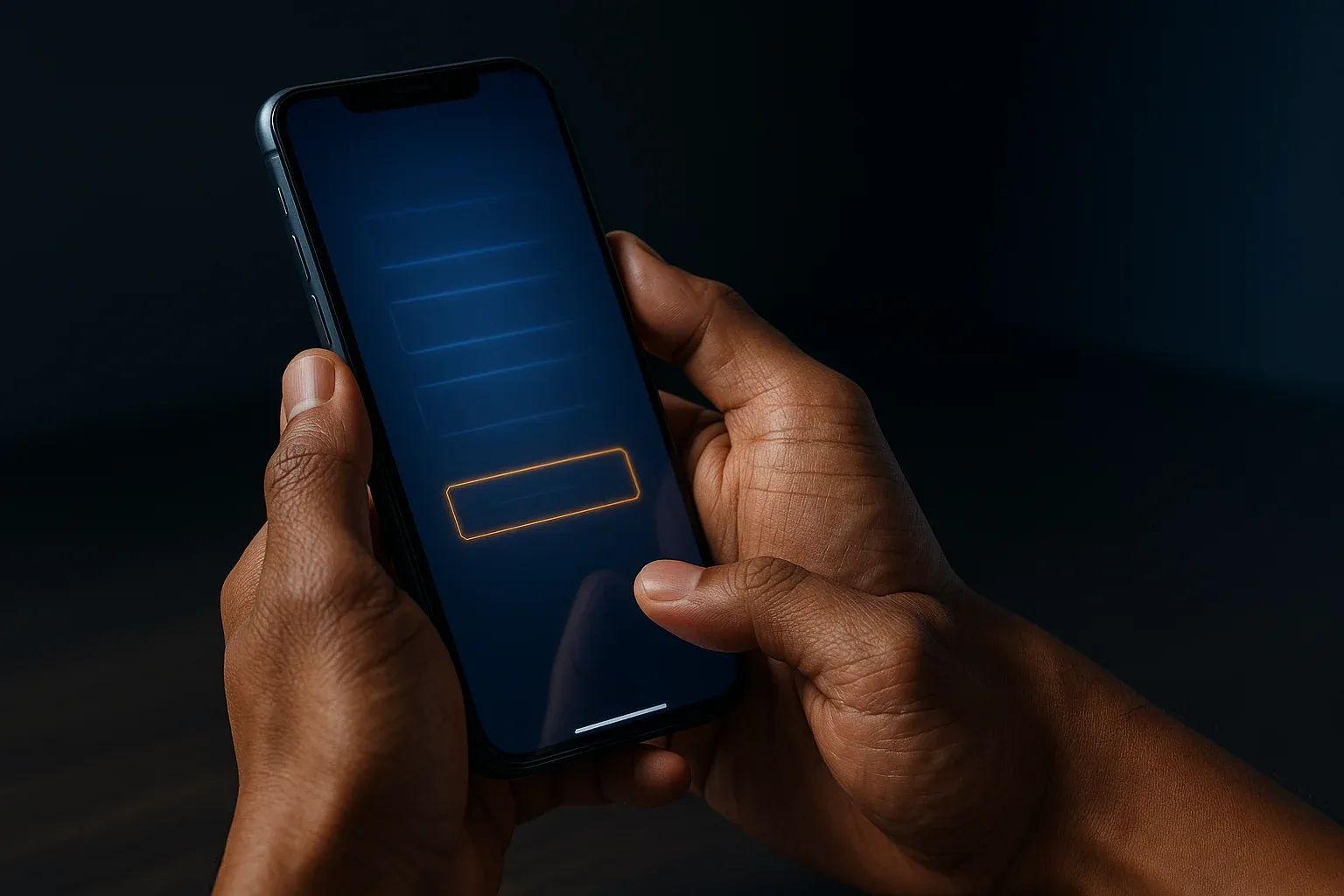 Filipino man hands holding smartphone with blurred registration screen, blue gold glow