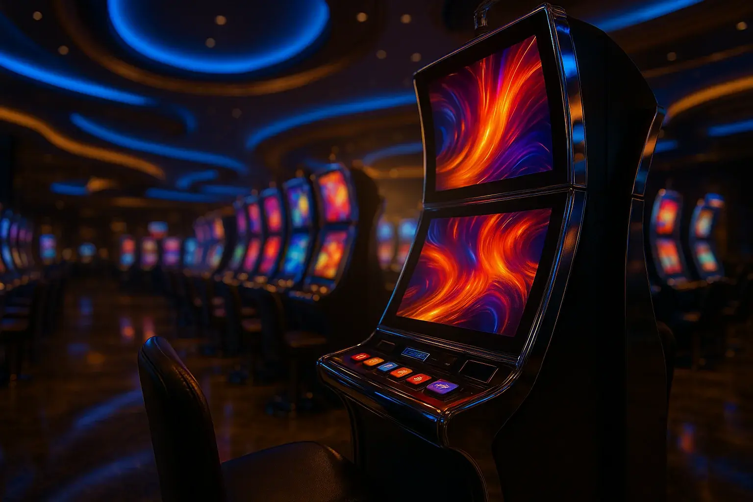 Hyperrealistic wide shot of Manila casino slots floor with blue gold lighting