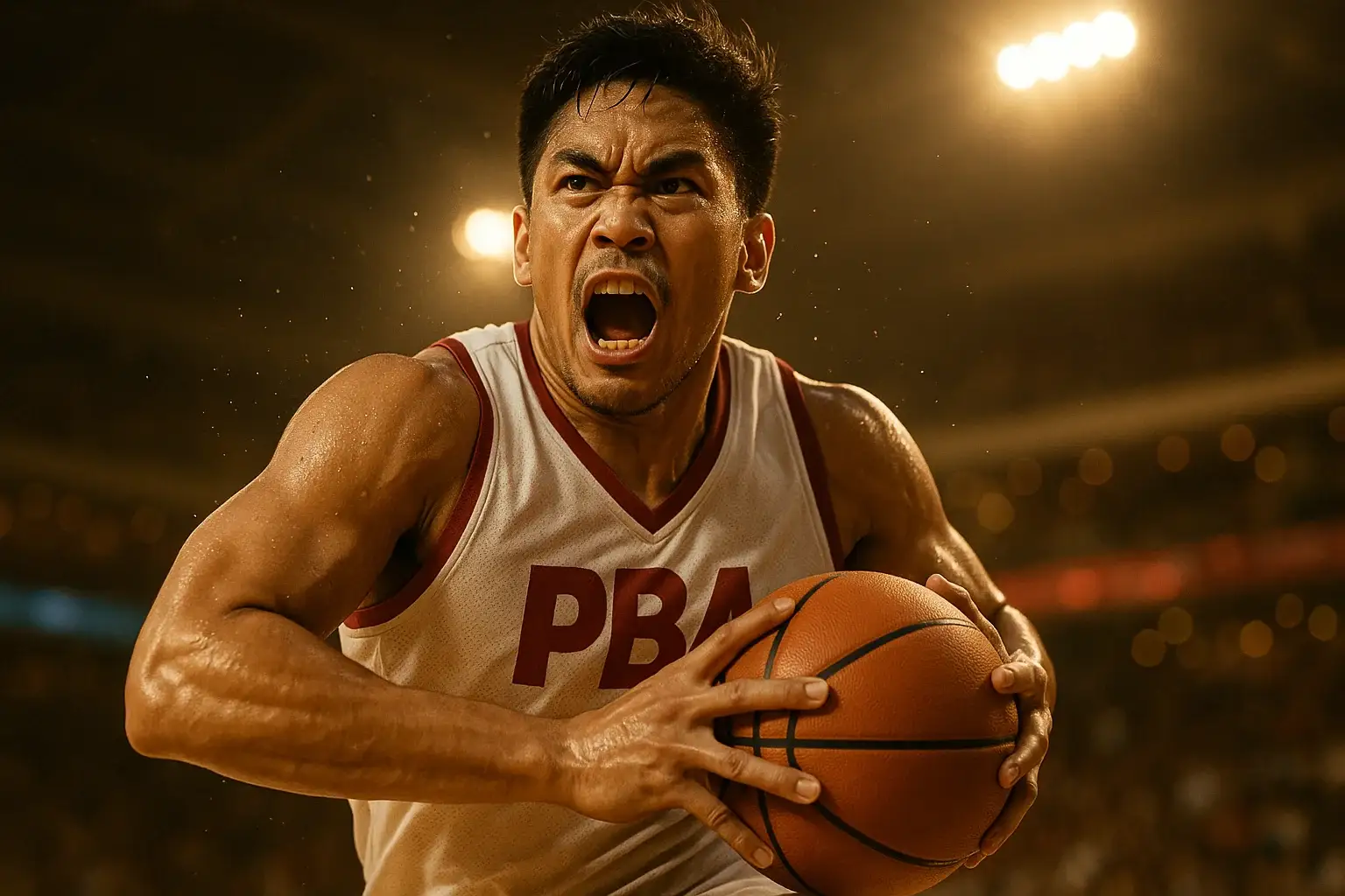 Filipino PBA basketball player mid-air driving to basket under arena lights